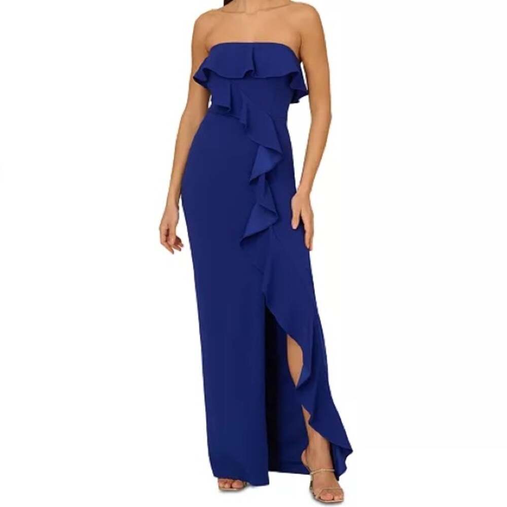 Adrianna Papell Women's Strapless Cascading Ruffle Gown Royal Sapphire Sz 10 NWT